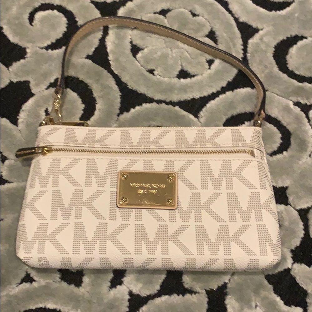 Michael Kors White Signature Clutch Bag Small with Gold Embellishment 8.5"